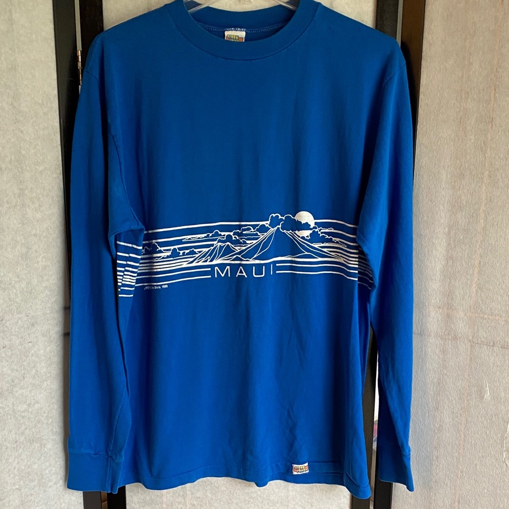 Vintage 1980 Crazy Shirts Hawaii Maui Lahaina Blue Long Sleeve TShirt Tee Large